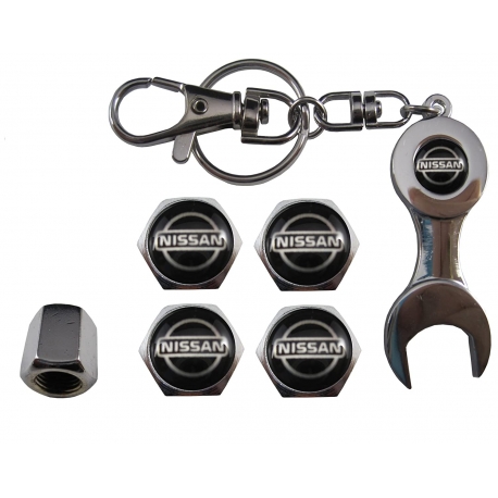 JUEGO TAPA VALVULA RUEDA NISSAN + LLAVERO CON LLAVE FIJA