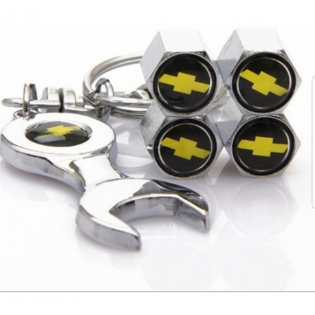 JUEGO TAPA VALVULA RUEDA CHEVROLET + LLAVERO CON LLAVE FIJA